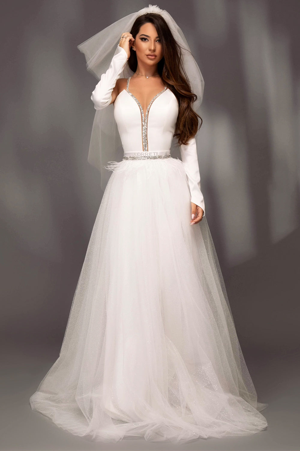 MAXI SKIRT AND CROP TOP SET BRIAR SATIN RHINESTONE GLITTER TULLE WHITE