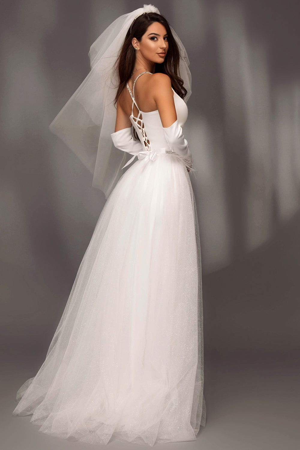 MAXI SKIRT AND CROP TOP SET BRIAR SATIN RHINESTONE GLITTER TULLE WHITE