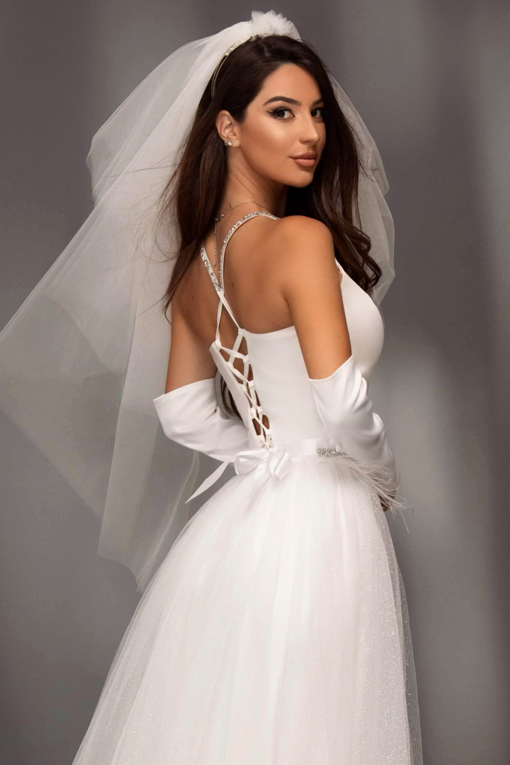 MAXI SKIRT AND CROP TOP SET BRIAR SATIN RHINESTONE GLITTER TULLE WHITE