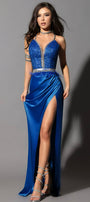 MAXI CONJUNTO TOP CON FALDA PIPER ЕNCAJE BRILLANTE PEDRERÍA SATÍN AZUL COBALTO