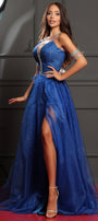 MAXI SKIRT AND CROP TOP SET CANDICE GLITTER LACE RHINESTONE GLITTER TULLE COBALT BLUE