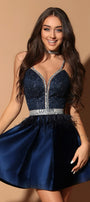 MINI SKIRT AND CROP TOP SET DIMA GLITTER LACE RHINESTONE SATIN DARK BLUE