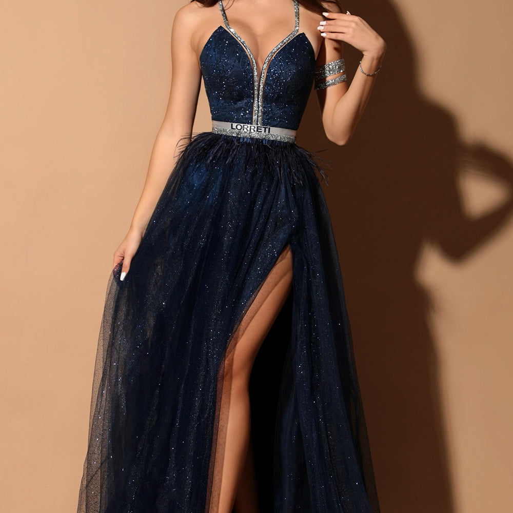 МAXI SET TOP CON GONNA CANDICE PIZZO GLITTERATO STRASS BROCCATO DI TULLE BLU SCURO