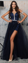 MAXI CROP TOP AND PANTS AND CLOAK SET FIORELLA GLITTER LACE RHINESTONE GLITTER TULLE DARK BLUE