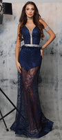 MAXI SKIRT AND CROP TOP SET KALILA GLITTER LACE RHINESTONE DARK BLUE