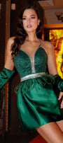МINI SET TOP CON GONNA ISABELLA PIZZO GLITTERATO STRASS RASO VERDE SCURO
