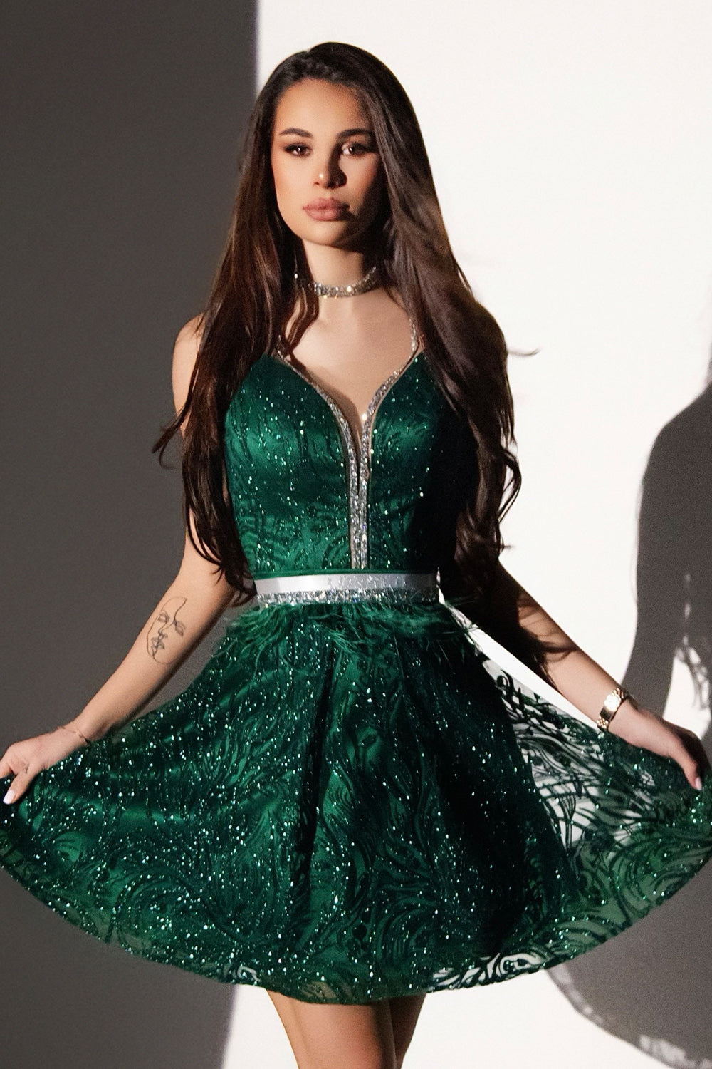 MINI CONJUNTO TOP CON FALDA RACHEL ЕNCAJE BRILLANTE PEDRERÍA VERDE OSCURO