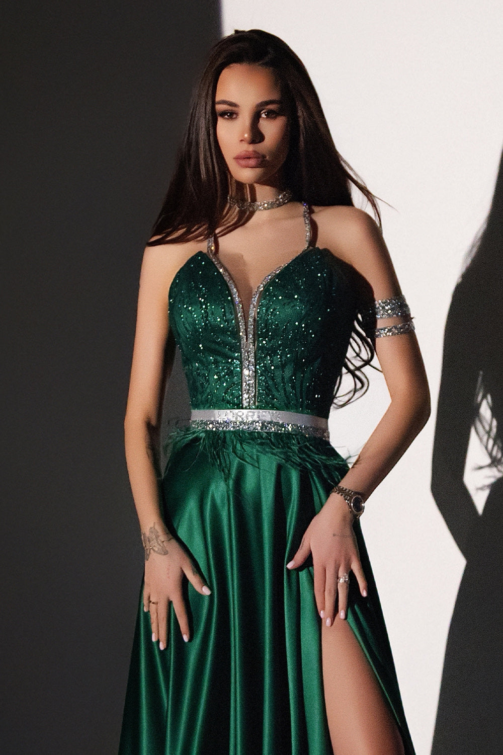 MAXI SET TOP CU FUSTA NINA DANTELA GLITTER CRISTALE SATIN VERDE INCHIS