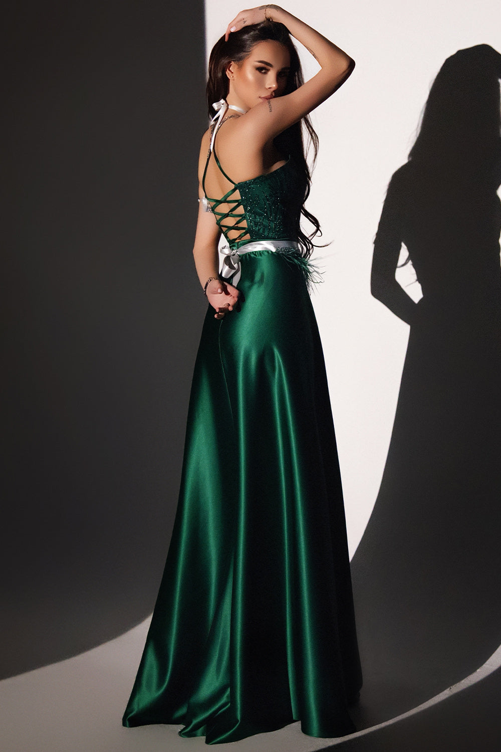 MAXI SET TOP CU FUSTA NINA DANTELA GLITTER CRISTALE SATIN VERDE INCHIS