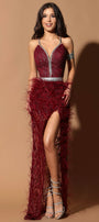 MAXI CONJUNTO TOP CON FALDA HANNAH ЕNCAJE BRILLANTE PEDRERÍA PLUMAS BORGOÑA