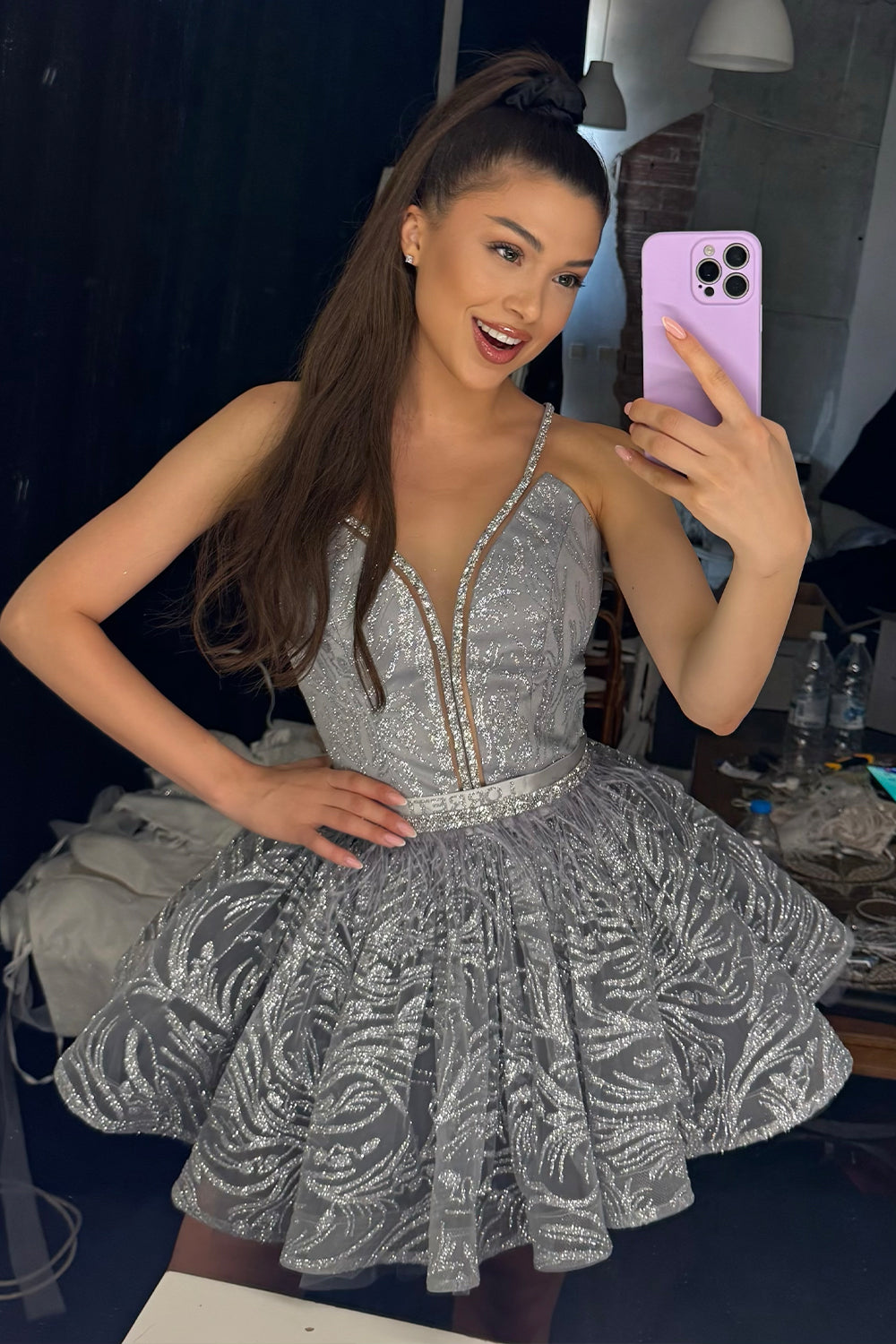 MINI SKIRT AND CROP TOP SET PHOEBE GLITTER LACE RHINESTONE SILVER