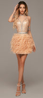 MINI SKIRT AND CROP TOP SET JUDE GLITTER LACE RHINESTONE FEATHERS GOLDEN