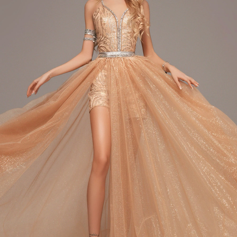 MAXI CROP TOP AND PANTS AND CLOAK SET FIORELLA GLITTER LACE RHINESTONE GLITTER TULLE GOLDEN