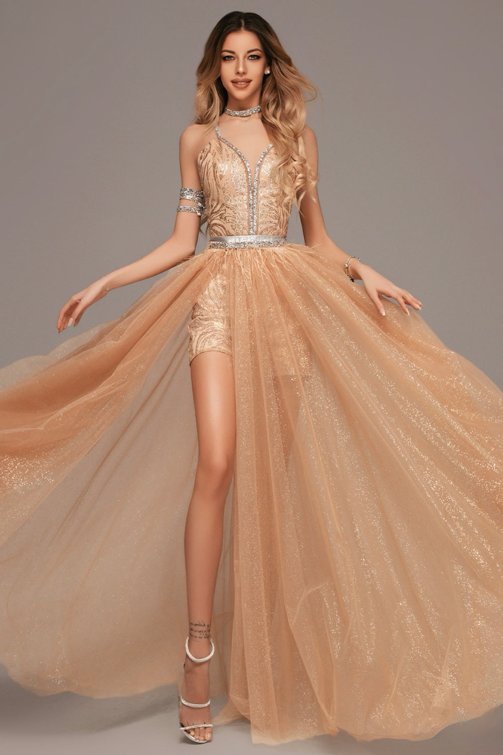 MAXI SET TOP CU PANTALONI ȘI MANTIE FIORELLA DANTELA GLITTER CRISTALE BROCADĂ DE TUL AURIE