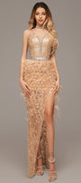 MAXI SKIRT AND CROP TOP SET HANNAH GLITTER LACE RHINESTONE FEATHERS GOLDEN