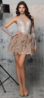 МINI SET TOP CON GONNA SAKURA PIZZO GLITTERATO STRASS BROCCATO DI TULLE ARGENTO CON NUDO