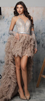 MAXI SET TOP CU FUSTA DENISHA DANTELA GLITTER CRISTALE BROCADĂ DE TUL ARGINTIU ȘI NUDE