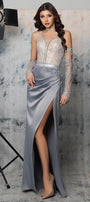 МAXI SET TOP CON GONNA PIPER PIZZO GLITTERATO STRASS RASO ARGENTO CON NUDO