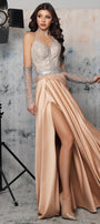MAXI SET TOP CU FUSTA NINA DANTELA GLITTER CRISTALE SATIN ARGINTIU ȘI NUDE