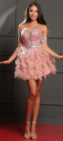 MINI SKIRT AND CROP TOP SET KELLY GLITTER LACE RHINESTONE TULLE POWDER PINK