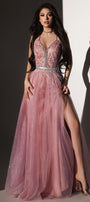 МAXI SET TOP CON GONNA CANDICE PIZZO GLITTERATO STRASS BROCCATO DI TULLEROSA CIPRIA
