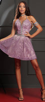 MINI CONJUNTO TOP CON FALDA RACHEL ЕNCAJE BRILLANTE PEDRERÍA LAVANDA