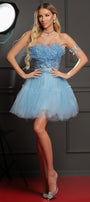 MINI SKIRT AND CROP TOP SET CALLISTA GLITTER LACE FEATHERS TULLE LIGHT BLUE