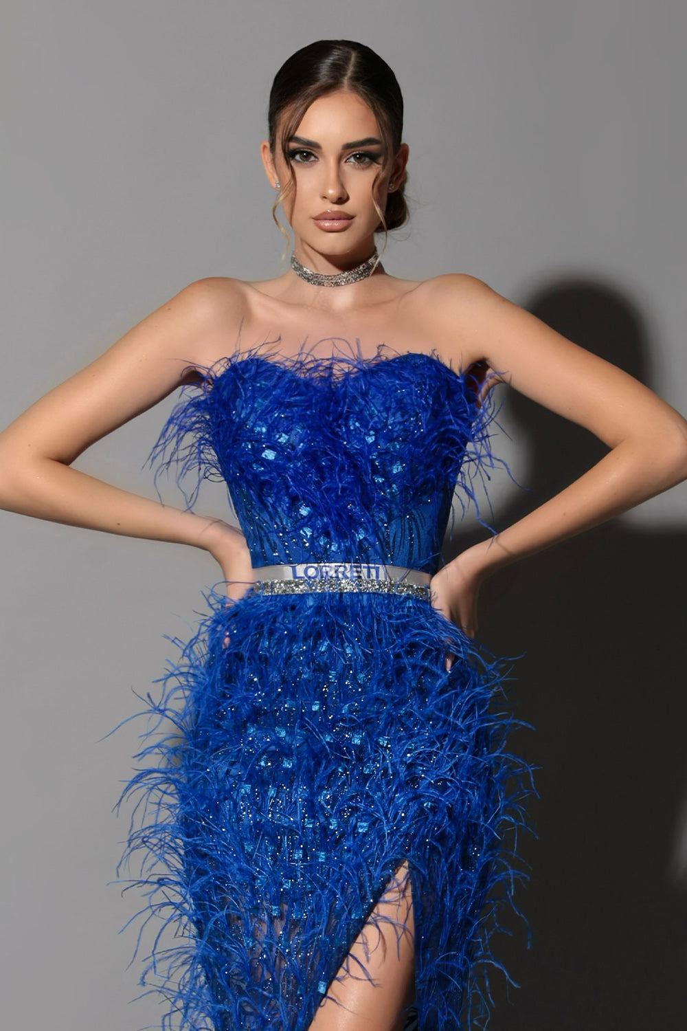 MAXI SKIRT AND CROP TOP SET FEATHER PRINCESS FEATHERS GLITTER LACE COBALT BLUE