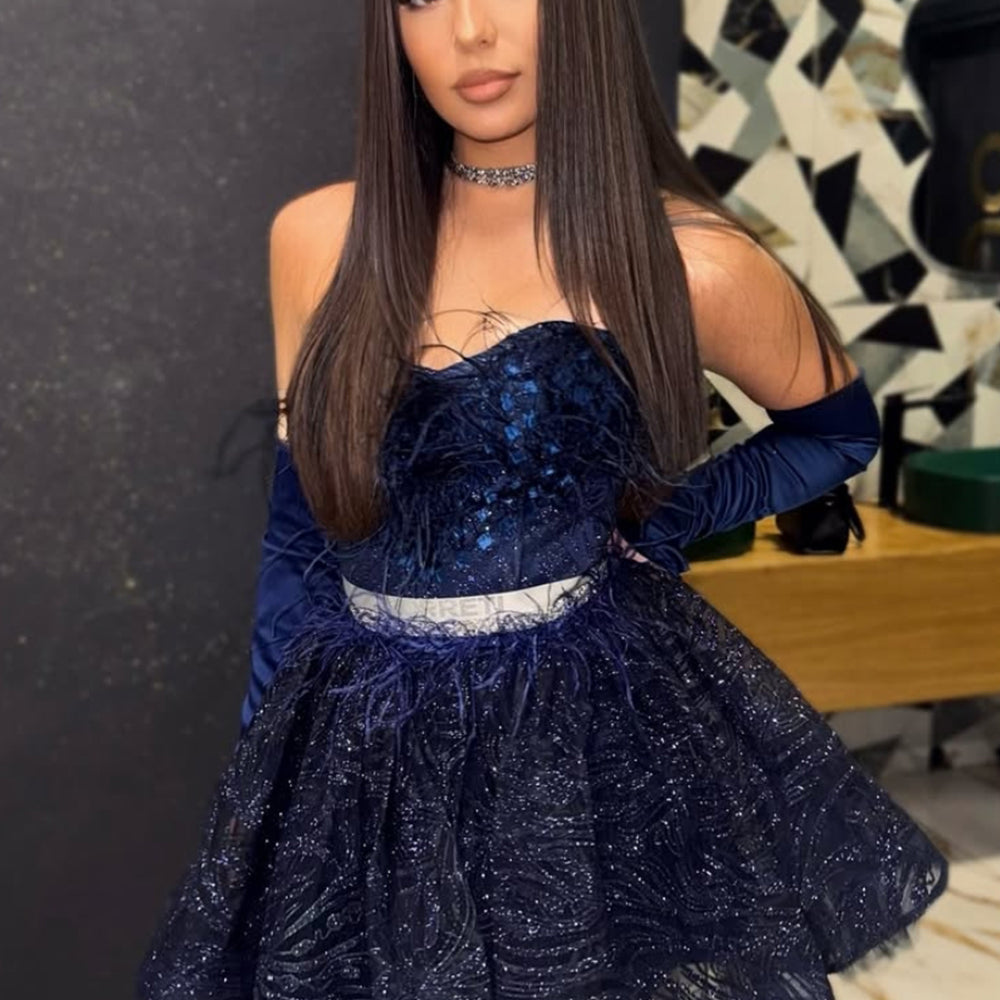 MINI SKIRT AND CROP TOP SET NELINA GLITTER LACE FEATHERS DARK BLUE