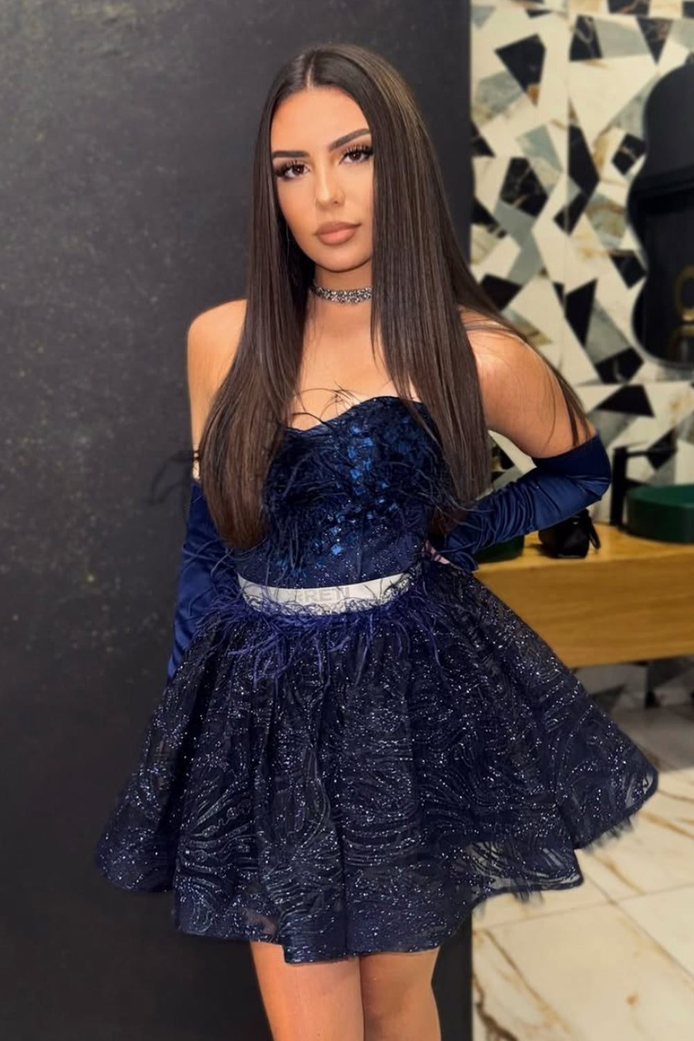 MINI SKIRT AND CROP TOP SET NELINA GLITTER LACE FEATHERS DARK BLUE