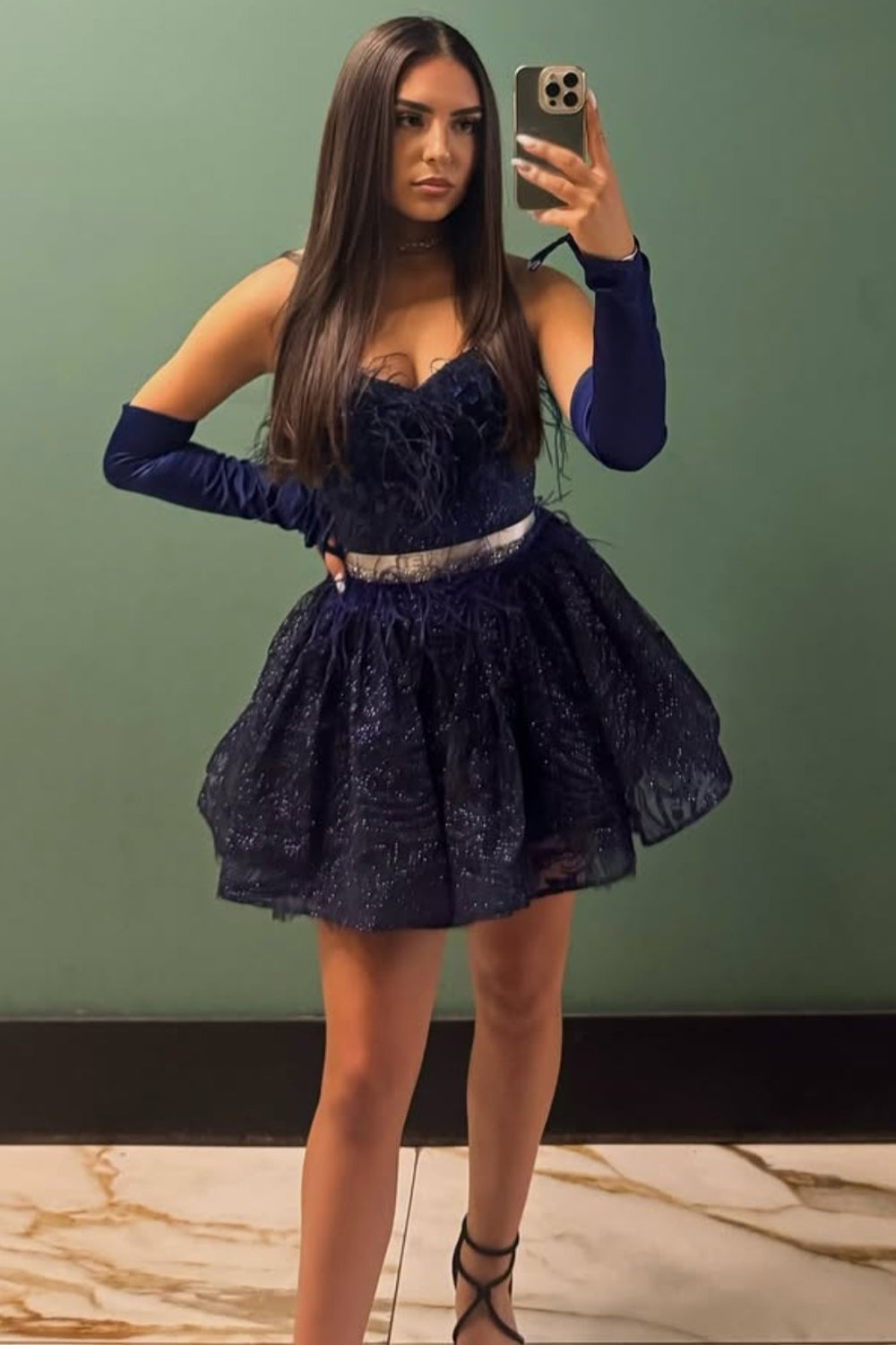 MINI SKIRT AND CROP TOP SET NELINA GLITTER LACE FEATHERS DARK BLUE