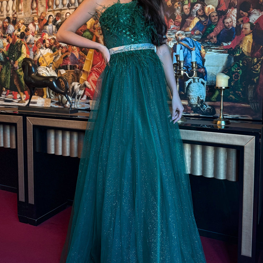 MAXI CONJUNTO TOP CON FALDA PENELOPE ЕNCAJE BRILLANTE PLUMAS BROCADO DE TUL VERDE OSCURO