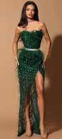 MAXI SKIRT AND CROP TOP SET FEATHER PRINCESS GLITTER LACE FEATHERS DARK GREEN