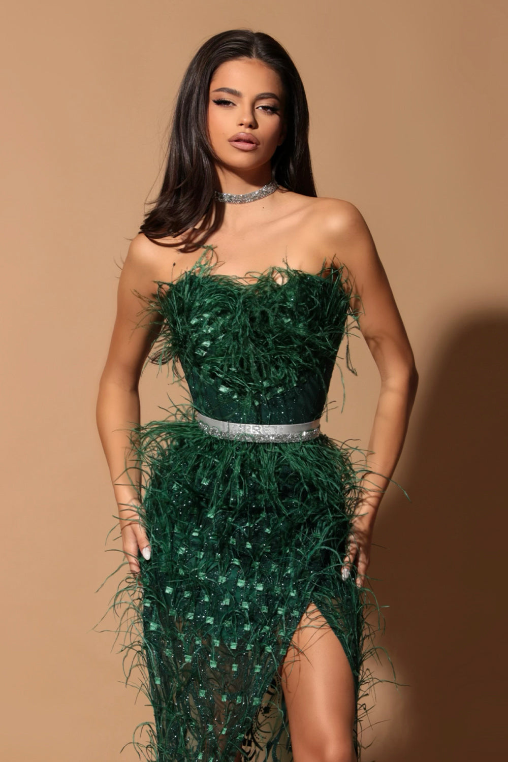 MAXI SKIRT AND CROP TOP SET FEATHER PRINCESS GLITTER LACE FEATHERS DARK GREEN