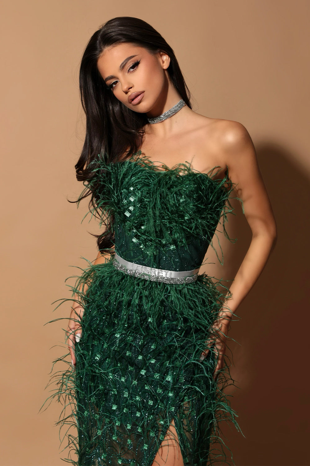 MAXI SKIRT AND CROP TOP SET FEATHER PRINCESS GLITTER LACE FEATHERS DARK GREEN