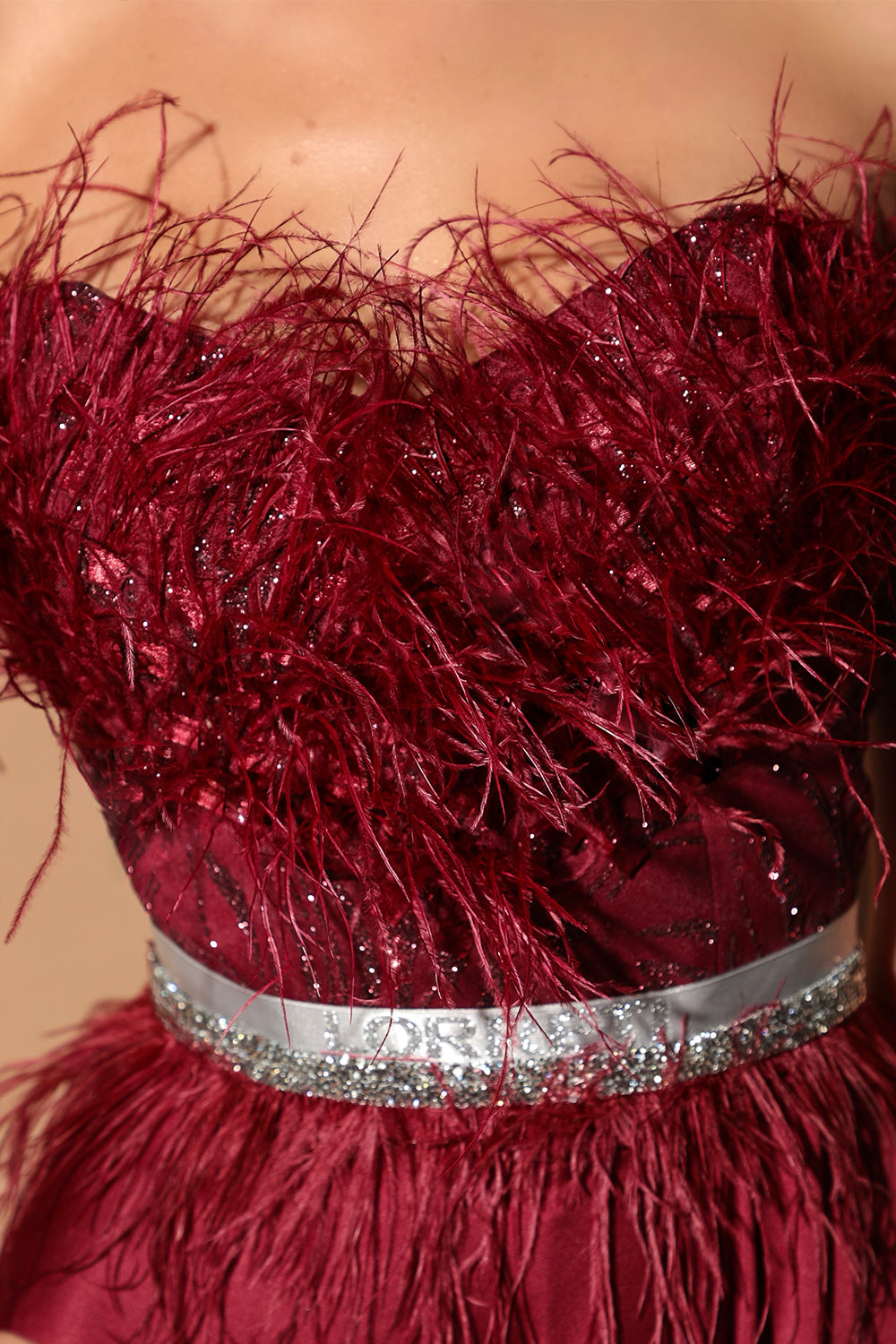 MAXI SKIRT AND CROP TOP SET ADDISON GLITTER LACE FEATHERS SATIN BURGUNDY