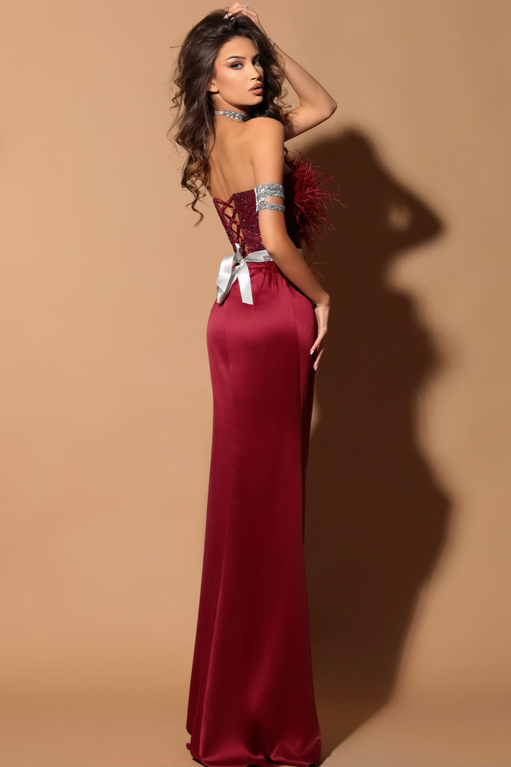 MAXI SKIRT AND CROP TOP SET ADDISON GLITTER LACE FEATHERS SATIN BURGUNDY