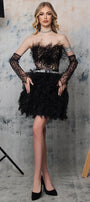 MINI CONJUNTO TOP CON FALDA FERNANDA ЕNCAJE BRILLANTE PLUMAS BROCADO DE TUL NEGRO CON NUDE