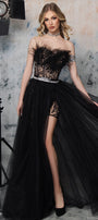 MAXI CONJUNTO TOP CON PANTALONES Y MANTELLO CALLIOPE ЕNCAJE BRILLANTE BROCADO DE TUL NUDE CON NEGRO