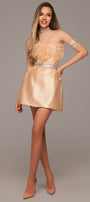 МINI SET TOP CON GONNA VEDA PIZZO GLITTERATO PIUME RASO D'ORO