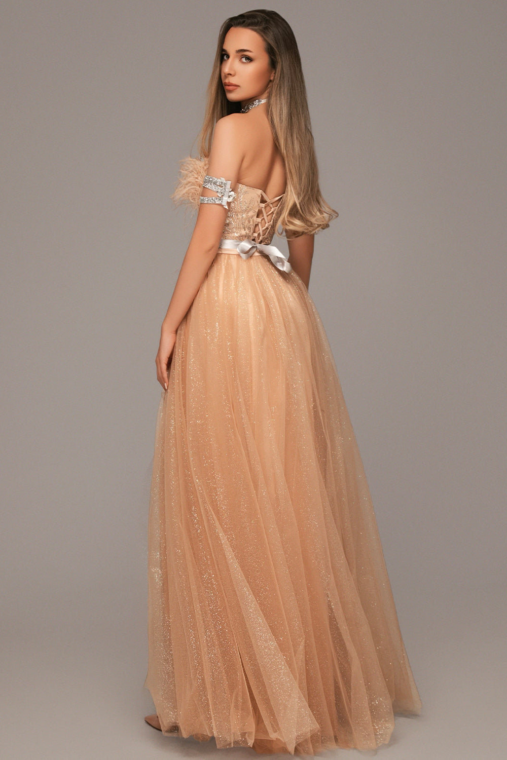 MAXI SET TOP CU FUSTA PENELOPE DANTELA GLITTER PENE BROCADĂ DE TUL AURIE