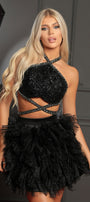 MINI CONJUNTO TOP CON FALDA DOLORES LENTEJUELAS PEDRERÍA BROCADO DE TUL NEGRO