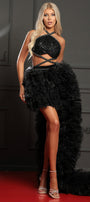 MAXI CONJUNTO TOP CON FALDA ARTHEMIS LENTEJUELAS PEDRERÍA BROCADO DE TUL NEGRO