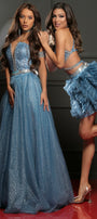 МINI SET TOP CON GONNA SHARPAY PIZZO GLITTERATO STRASS BROCCATO DI TULLE BLU CHIARO
