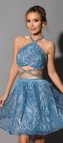 MINI CONJUNTO TOP CON FALDA SYBELLA ЕNCAJE BRILLANTE PEDRERÍA AZUL CLARO