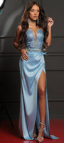 MAXI SKIRT AND CROP TOP SET ELLEN GLITTER LACE RHINESTONE SATIN LIGHT BLUE
