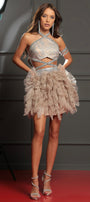 МINI SET TOP CON GONNA SHARPAY PIZZO GLITTERATO STRASS BROCCATO DI TULLE ARGENTO CON NUDO