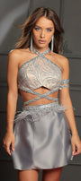 MINI CONJUNTO TOP CON FALDA MISTY ЕNCAJE BRILLANTE PEDRERÍA SATÍN PLATEADO CON NUDE