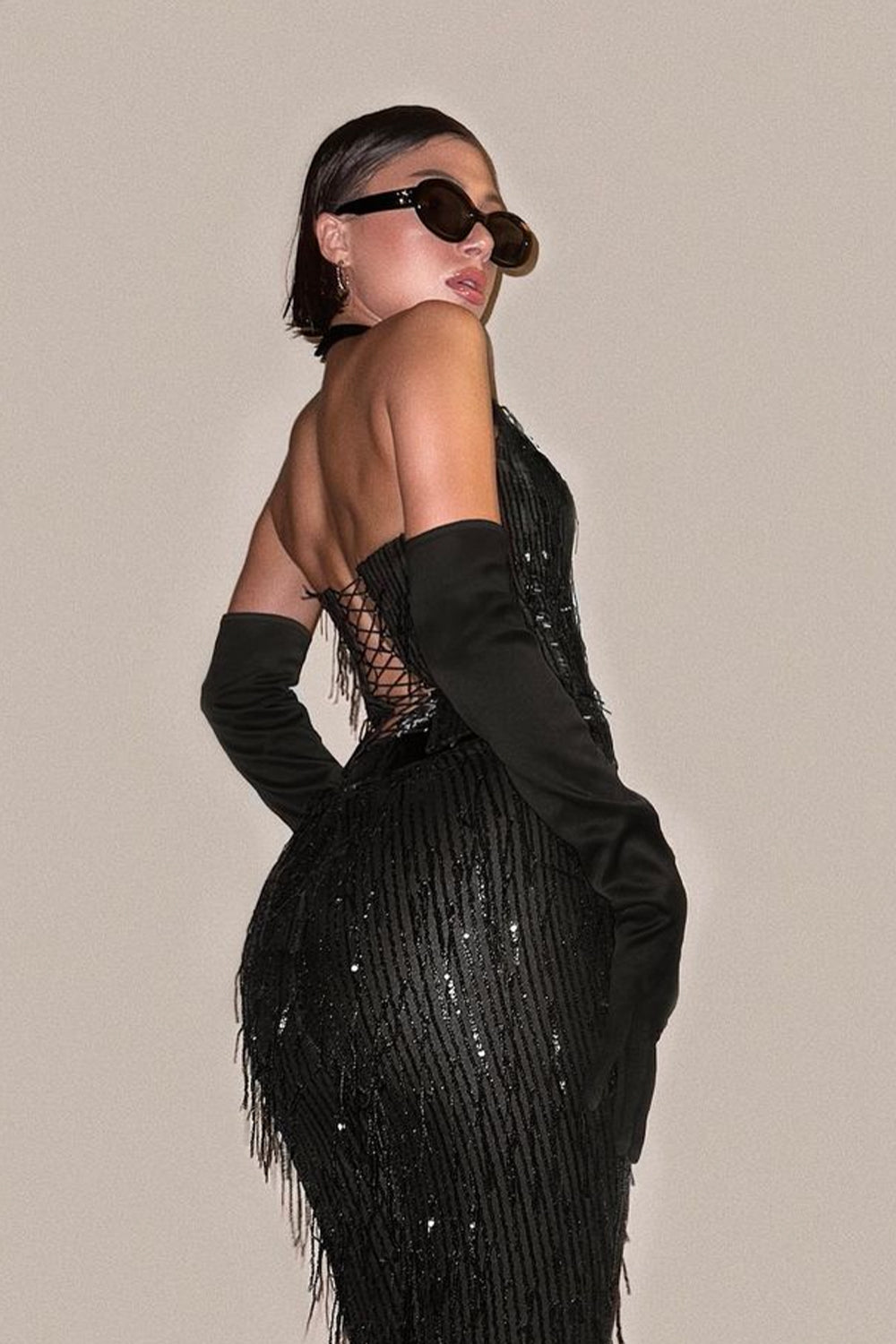 MAXI CROP TOP AND PANTS SET ALIANNA 3 PARTS SEQUIN BLACK