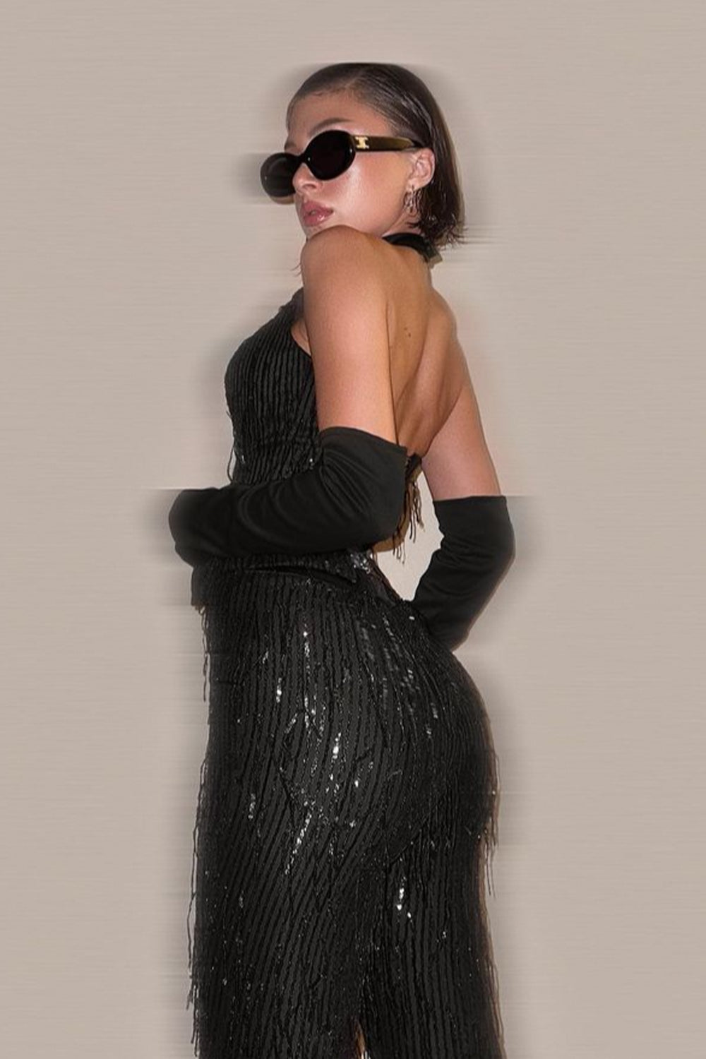 MAXI CROP TOP AND PANTS SET ALIANNA 3 PARTS SEQUIN BLACK